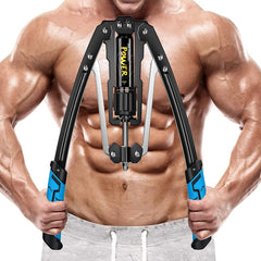 A person holds an adjustable hydraulic power twister arm and chest exercise device.