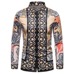 A men's long-sleeve button-down shirt featuring a tan and black ornate paisley and zebra print.