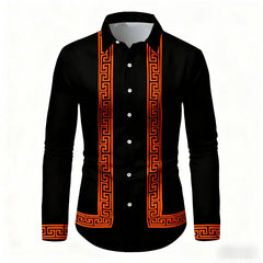 Men's Retro Geometric Print Long-Sleeve Shirt, Stylish Black and White Color-Blocked Slim Fit Shirt, Casual and Versatile Top