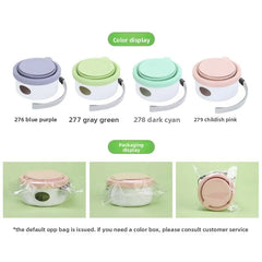 A portable pet travel bowl with a lid and carrying strap, available in four pastel colors.