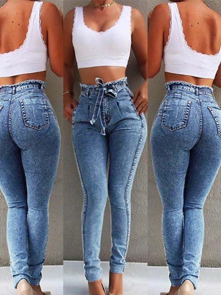 High Waist Jeans For Women Slim Stretch Denim Jean Bodycon Tassel Belt Bandage Skinny Push Up Jeans Woman clothe 4XL 5XL SHOWLU FASHION STORE