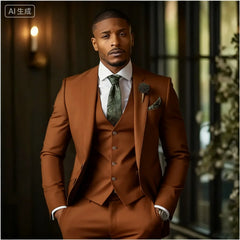 Green Emerald 3-Piece Men's Formal Tuxedo Elegant Jacket with Notched Lapel + Vest + Pants Wedding Groomsmen Smoking Suit
