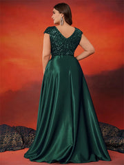 XUIBOL Plus Size Elegant V-Neck Green Sequin Evening Dress Long Luxury Women Satin Short Sleeves Party Prom Cocktail Dress SHOWLU FASHION STORE