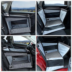 A portable grey pet car seat with mesh sides and a waterproof base installed on vehicle seats.