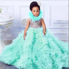 Gorgeou Flower Girls Dress Little Baby Girl Sky Blue Tulle Fluffy Applique for Party Kids Wedding Ball Birthday Evening Gowns