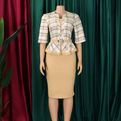 A woman's slim-fit midi dress featuring a plaid V-neck bodice, half sleeves, and a belted waist.