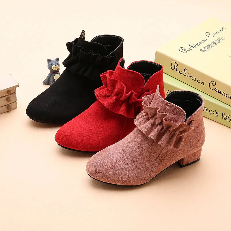 Fashion Kids Shoes Girls Princess Boots Draped Solid Autumn Winter Suede Low Heels Short Ankle Children Boots for Big Girl 27-37 SHOWLU FASHION STORE