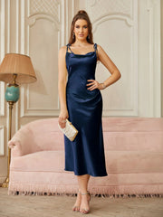 2024 New 3 Styles Simple Satin Bridesmaid Dress Cowl Neckline with Tieing Thin Straps Evening Dress Leg Slit A-line Prom Dress SHOWLU FASHION STORE