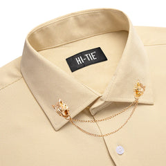 Hi-Tie Long Sleeve Mens Shirts Silk Brown Solid Lapel Green Black Red Beige Purple Pink Slim Fit Shirt Wedding Business Formal