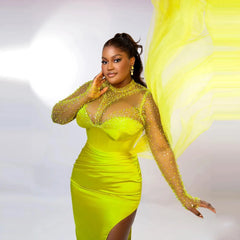 Aso Ebi Plus Size Evening Dresses High Neck Beads Sequin Illusion Long Sleeves Slit Long Sleeves Party Gown Mermaid Prom Dress SHOWLU FASHION STORE