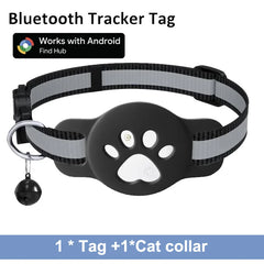 A black paw-shaped Bluetooth tracker attached to a reflective cat collar with a small bell.