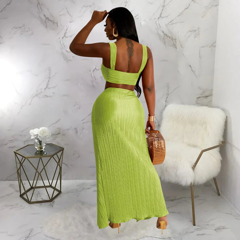 Summer Dresses for Women Two Pieces Set Sexy Backless Halter Top and High Waist Side Slit Pleated Skirt Matching Lady Streetwear SHOWLU FASHION STORE