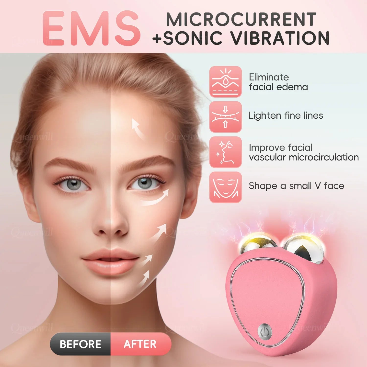 A pink handheld microcurrent facial massager with two metal rollers.