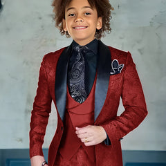 Jacquard Boys Suit 3 piece Suit Burgundy Jacket Pants Vest Wedding Kids Tuxedo Formal Style Boys Slim Fit Suit