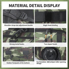 A camouflage speaker backpack for JBL Partybox 320 featuring adjustable straps and roller access.