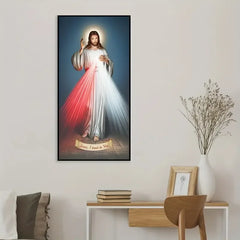 A vertical canvas print of the Divine Mercy Jesus with the inscription Jesus I trust in You.