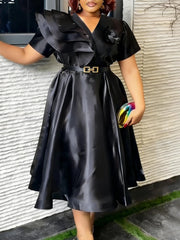 Women Stylish Black A Line Dress V Neck Short Sleeves Ruffles Belt Church Evening Events Party Wedding Guest Formal Occasions
