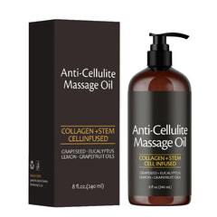 A bottle of anti-cellulite massage oil with its matching black box packaging.