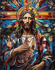 A colorful stained glass style diamond painting kit featuring a portrait of Jesus.