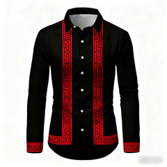 Men's Retro Geometric Print Long-Sleeve Shirt, Stylish Black and White Color-Blocked Slim Fit Shirt, Casual and Versatile Top