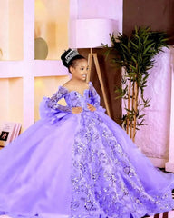 Customized Pink Flower Girl Dresses Children Birthday Dress Illusion Sheer Neck Long Sleeves Beaded Lace Princess Ball Gowns