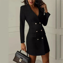 Autumn Solid Color Long Sleeved Suit Dress, Fashionable Women's Suit Collar Long Sleeved Button Up Cardigan Slim Fit Mini Skirt SHOWLU FASHION STORE