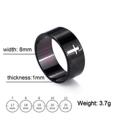 A black stainless steel ring featuring a cutout cross design with size and dimension details.