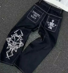 American Vintage Y2K Rhinestone Wing Embroidered Jeans Womens Blue Low Rise Flared Denim Pants with Studded Pockets Streetwear
