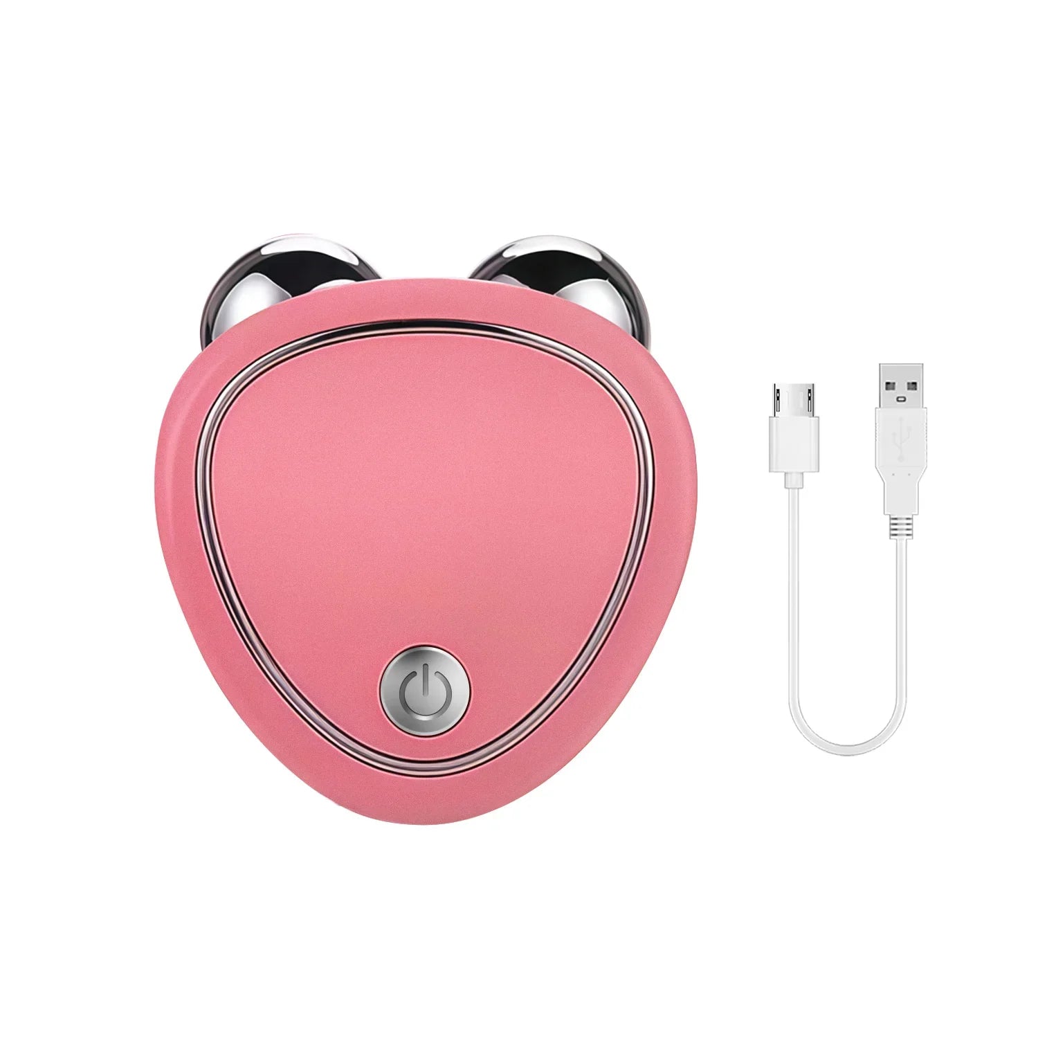 A pink, heart-shaped microcurrent facial massager with two metal rollers and a USB charging cable.