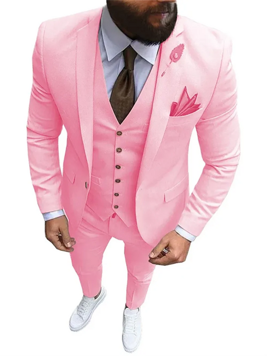 New Pink Men's 3 Pieces Suit Formal Business Notch Lapel Slim Fit Tuxedos Best Man Blazer For Wedding(Blazer+Vest+Pants) SHOWLU FASHION STORE