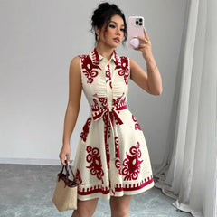 Summer New Fashion Casual Dress For Women Elegant Solid Sleeveless Turn-down Collar Lace Up Office Holiday Dresses Robe Femme