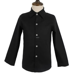 A long-sleeved black button-down shirt for children displayed on a mannequin.