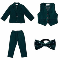 A four-piece dark green boys formal suit set including a blazer, vest, trousers, and a bow tie.