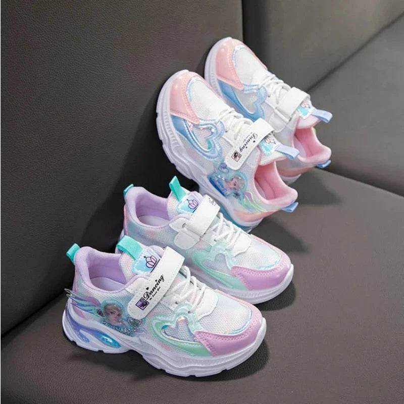 Disney Girls' Casual Shoes Frozen Priness Elsa Sneakers Mesh Leather White Breathable Sole Children's Sport Shoes Size 26-37 SHOWLU FASHION STORE