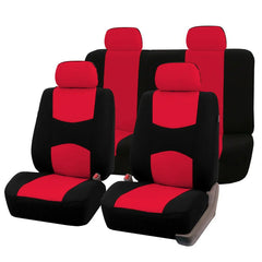A full set of universal car seat covers in a black and red color scheme.
