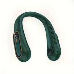 A dark green portable neck fan with a digital display and a sleek, bladeless design.