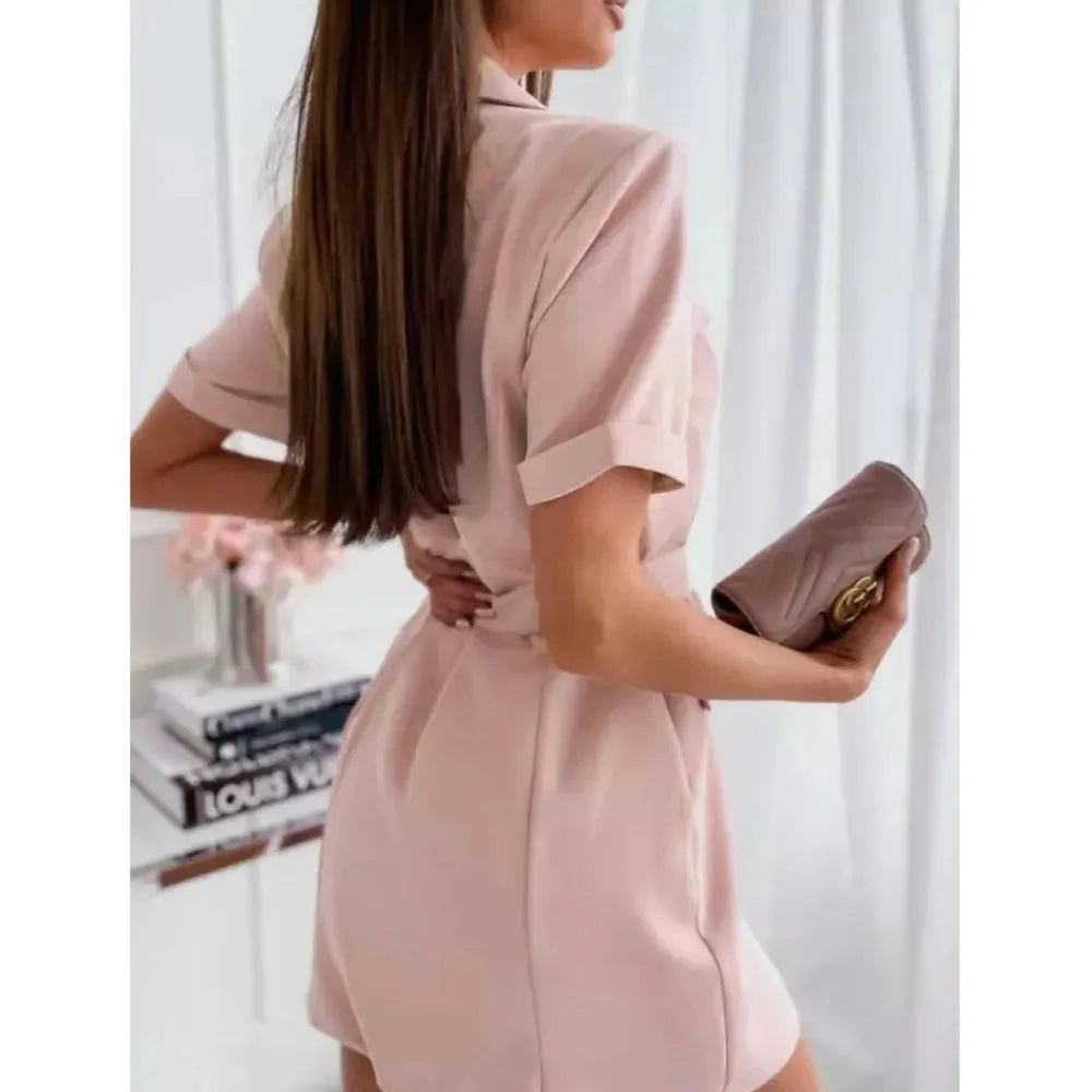 Elegant Office Lady Rose Red Mini Blazer Dress With Belt 2024 New Summer Fashion Double Breasted Short Sleeved Dress For Women SHOWLU FASHION STORE