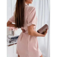 Elegant Office Lady Rose Red Mini Blazer Dress With Belt 2024 New Summer Fashion Double Breasted Short Sleeved Dress For Women SHOWLU FASHION STORE