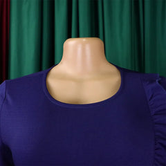 A close-up of a solid purple long-sleeved sheath dress with a round neckline on a mannequin.
