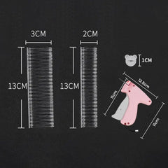 A pink clothing tag gun with two sets of plastic fasteners and a small bear-shaped accessory.