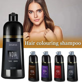 A large bottle of Nova hair coloring shampoo next to four smaller bottles in different colors.