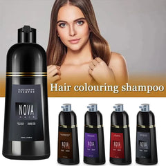 A large bottle of Nova hair coloring shampoo next to four smaller bottles in different colors.