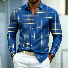2026 men's shirt with fashionable printed lines, checkered long sleeved shirt, lapel, slim fit, business casual men's shirt
