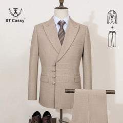 A beige double-breasted two-piece suit with multiple buttons and a matching pair of trousers.