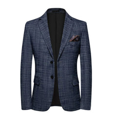 A slim-fit navy blue blazer with a subtle textured plaid pattern and two-button closure.