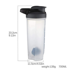 A 700ml translucent protein shaker bottle with a black lid, handle, and internal mixing ball.