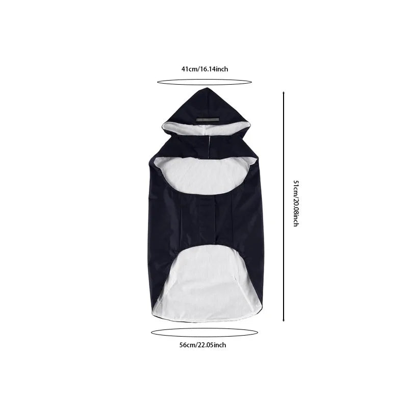 A black dog raincoat with a hood and white lining, shown with its dimensions labeled.