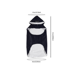 A black dog raincoat with a hood and white lining, shown with its dimensions labeled.