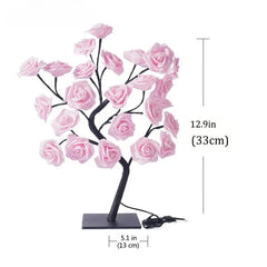 A pink rose tree lamp with adjustable branches and a square base, measuring 33 centimeters tall.