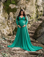 European & American Women's Maternity Dress V-Neck Silk-Cotton Blend Maxi Dress with Train Flared Photoshoot Dress Photography
